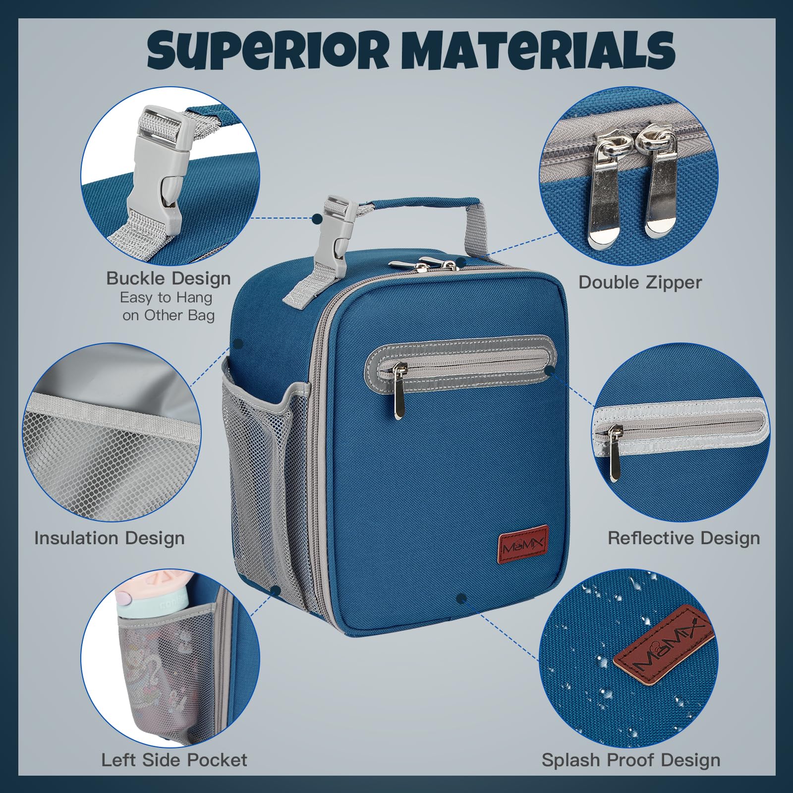 Top view of MaMix blue lunch bag showing roomy main compartment.