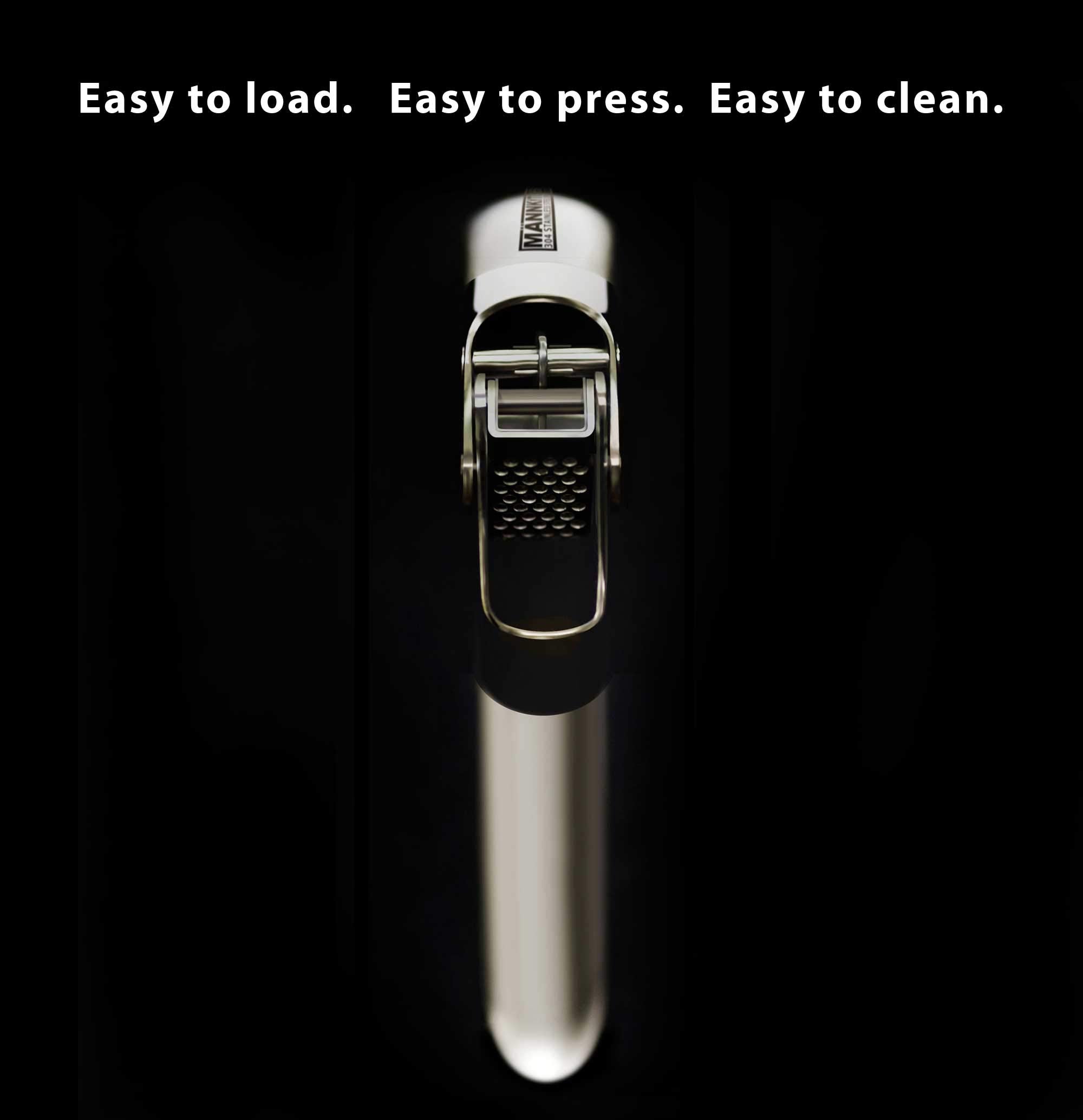 MANNKITCHEN stainless steel garlic press with high capacity reservoir