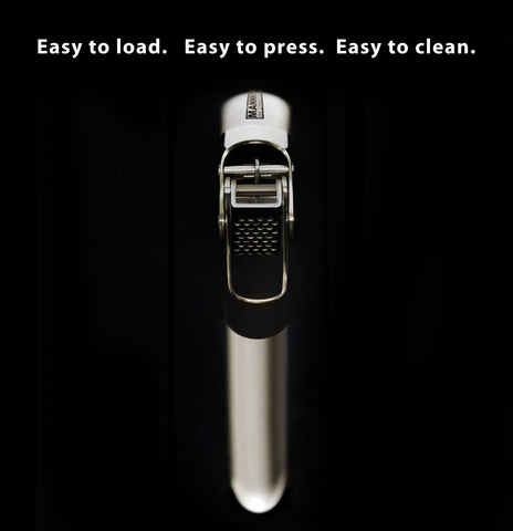 MANNKITCHEN stainless steel garlic press with high capacity reservoir
