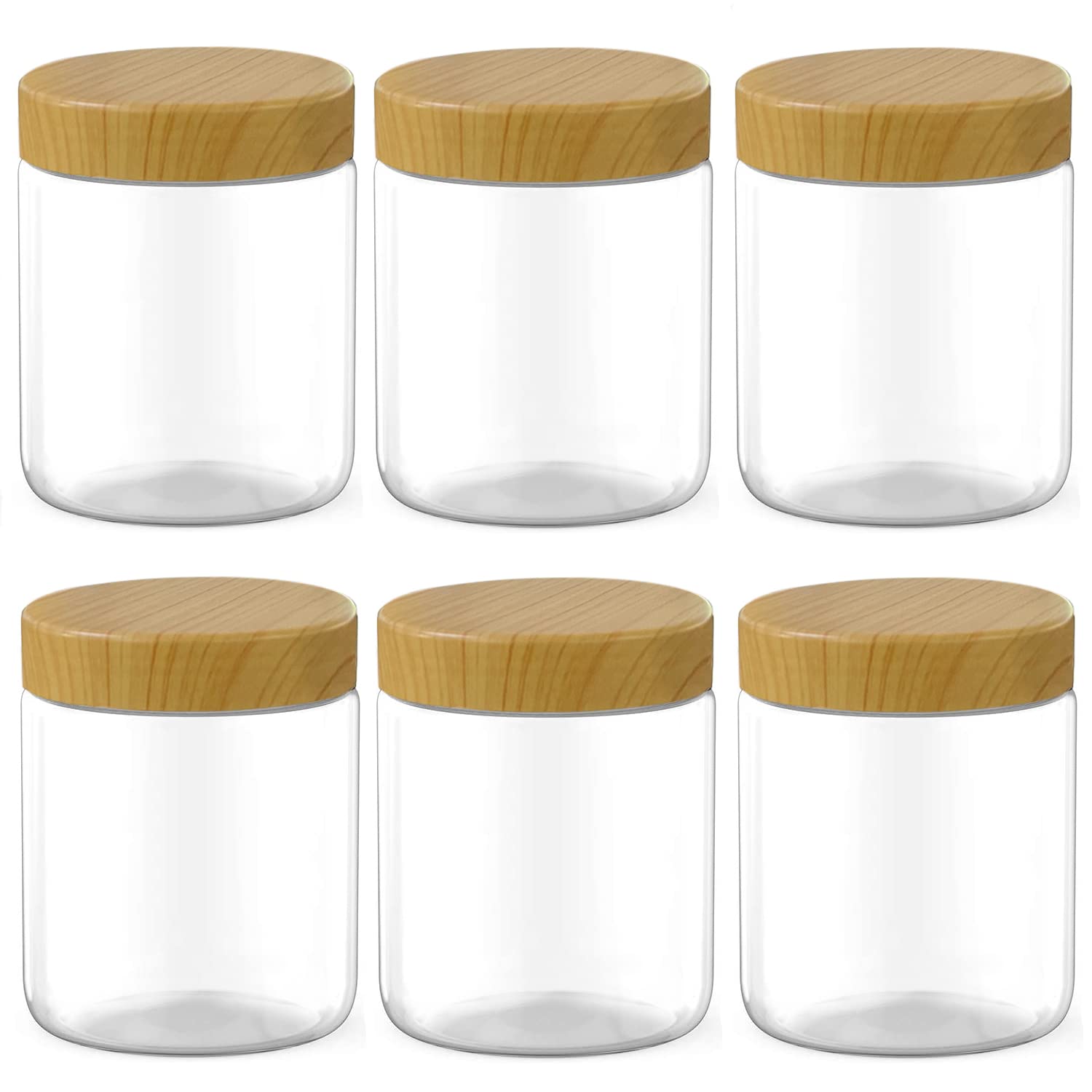 MANSHU 6-pack 8 oz clear jars with lids for pantry organization and easy content visibility.