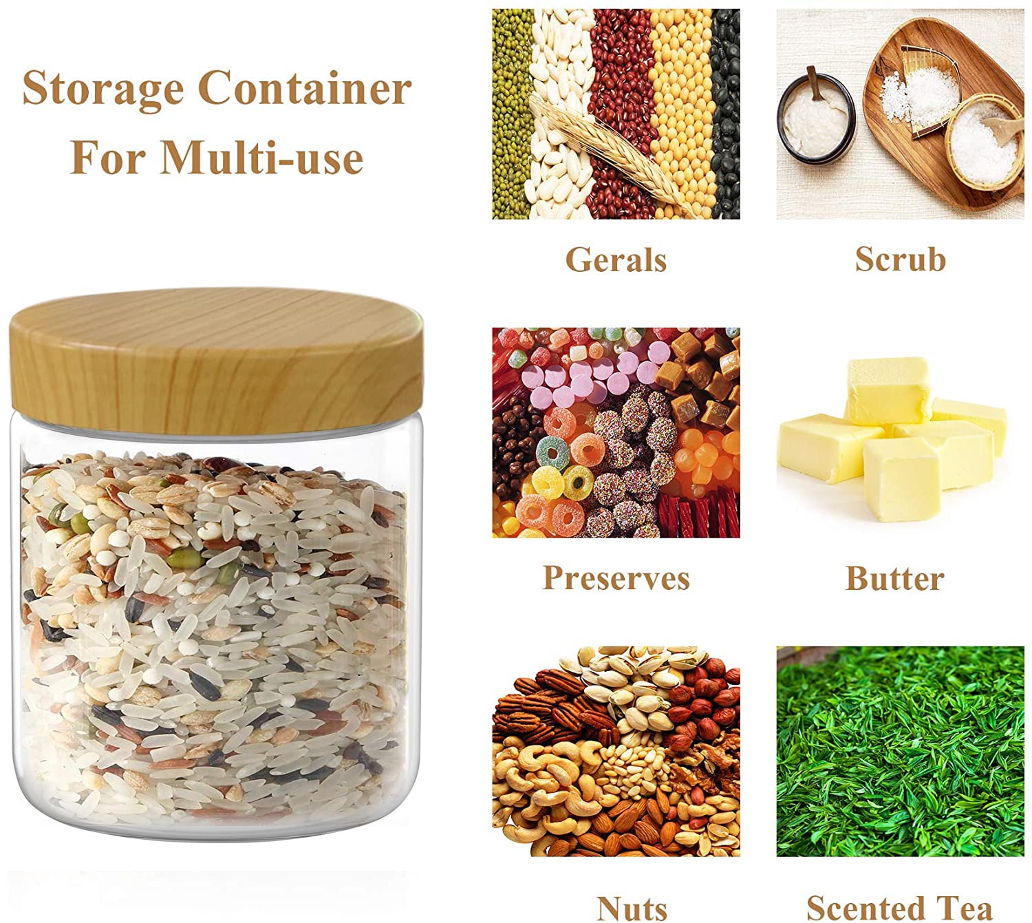 MANSHU clear kitchen jar shown in a pantry to showcase visibility of dry goods.