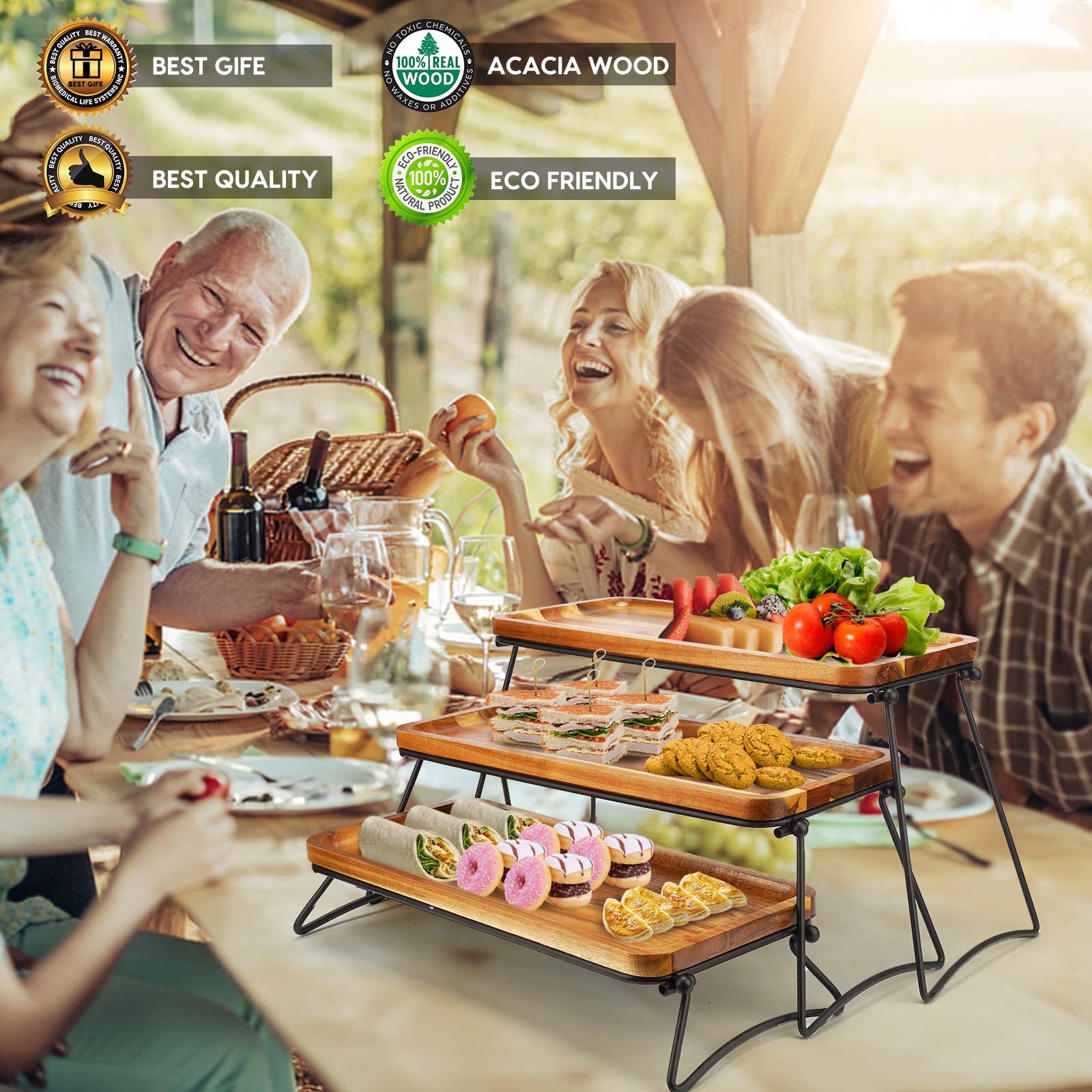 Manspdier acacia wood dessert tray highlighting natural grain for rustic entertaining