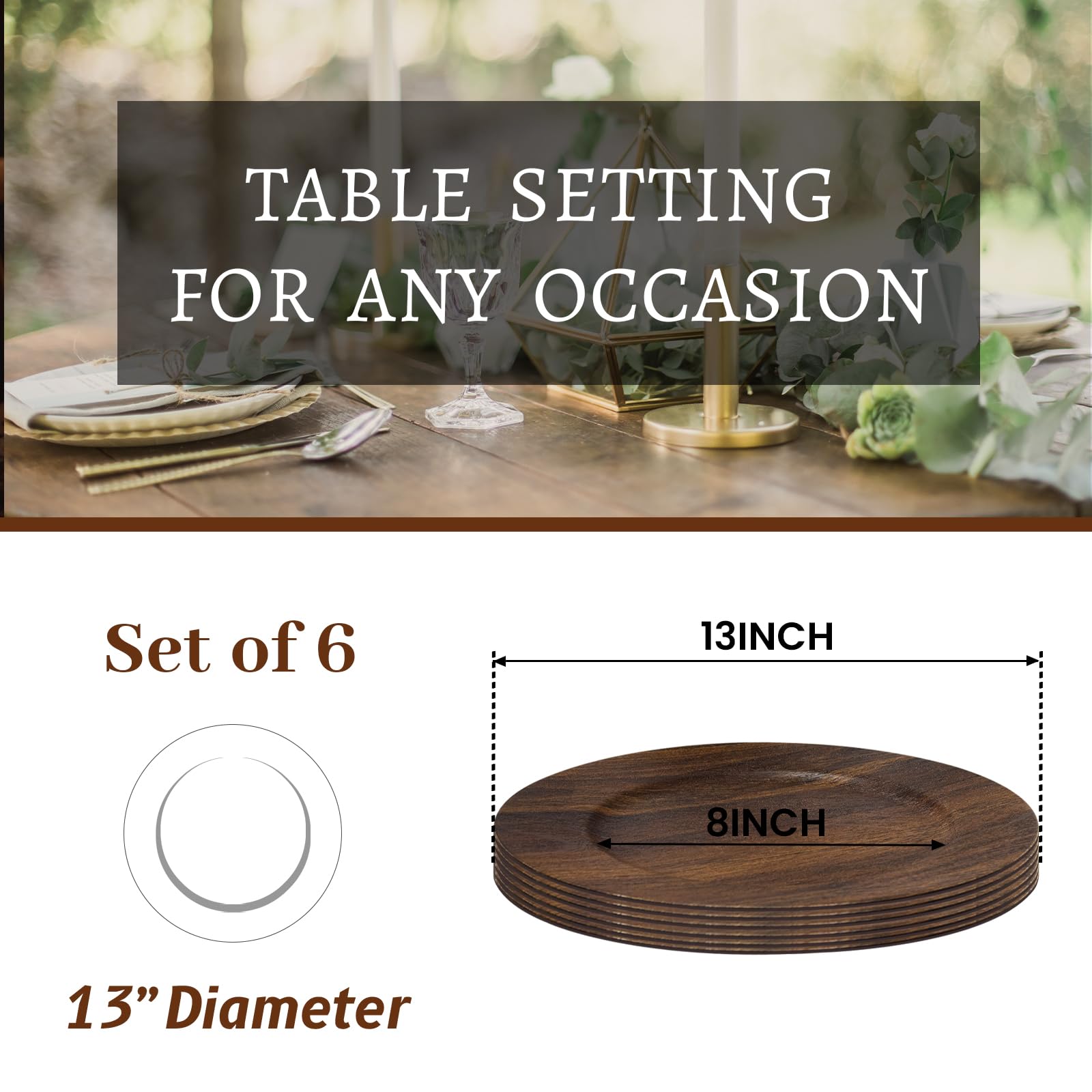 MAONAME brown faux wood charger closeup adds rustic elegance to tables.