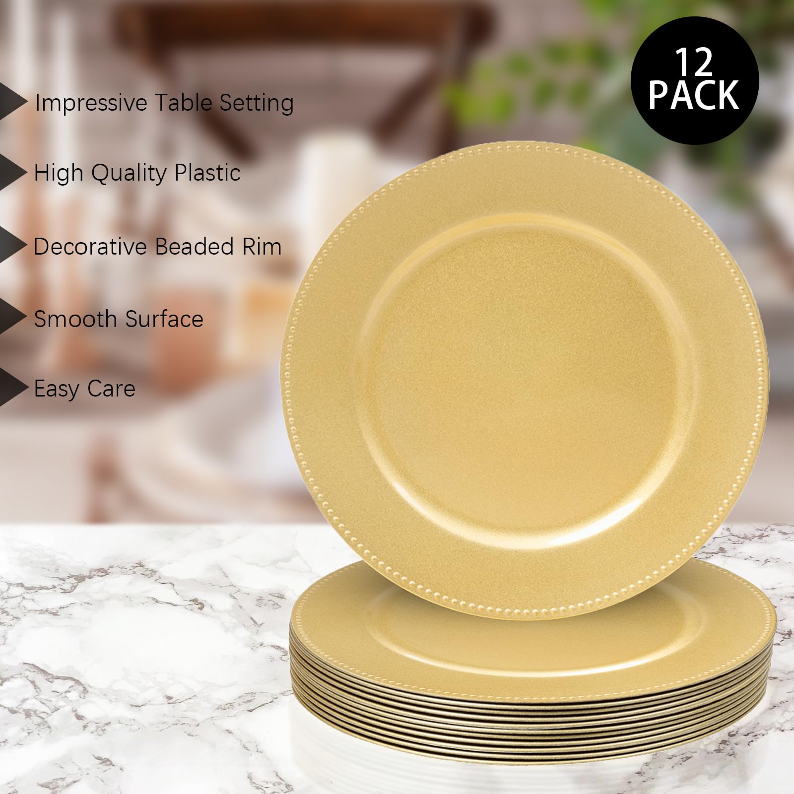 MAONAME beaded-rim charger enhances food display without overpowering tableware.