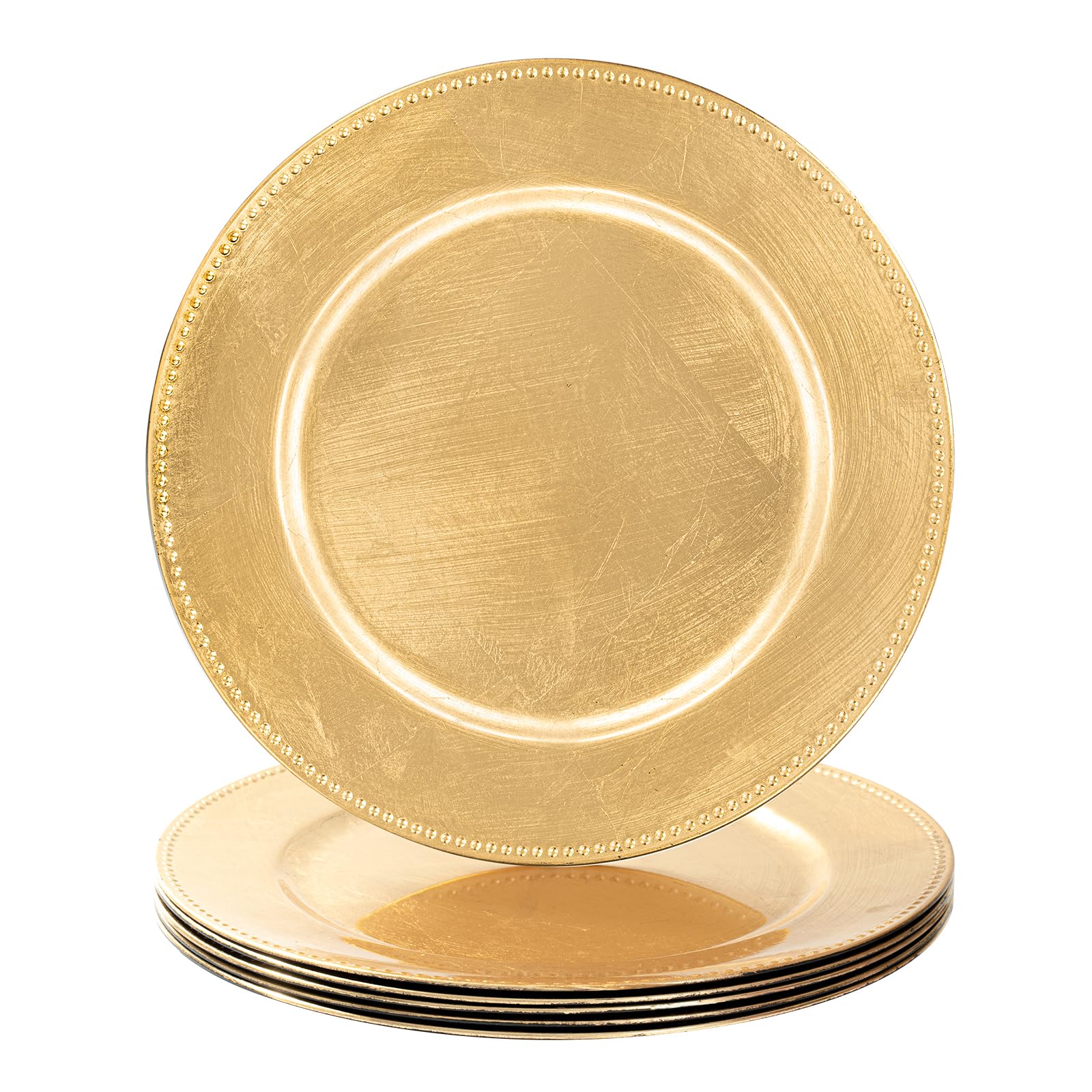 MAONAME foil gold charger with beaded edge adds elegant frame to dinnerware.