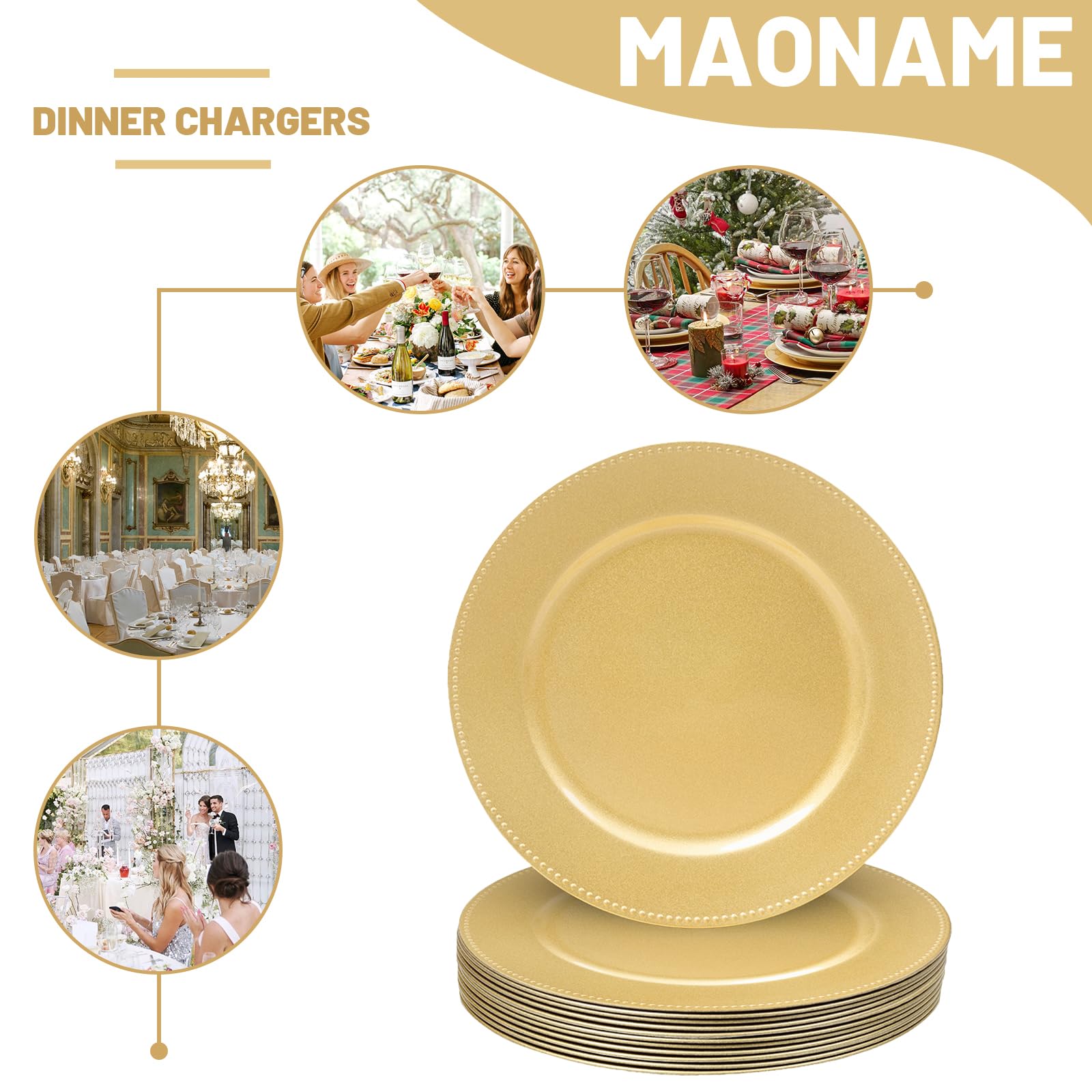 MAONAME gold charger plates, round, elevate the holiday table setting.