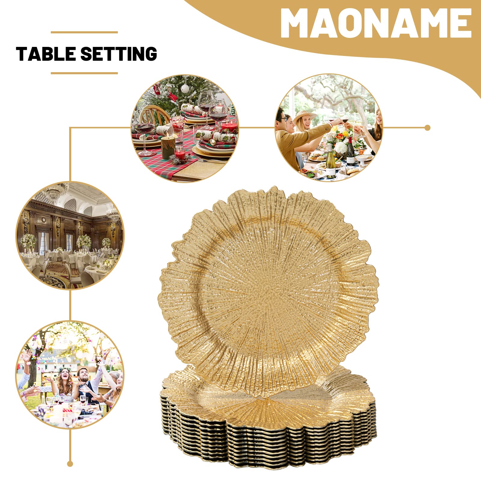 MAONAME gold chargers help prevent messes during meals