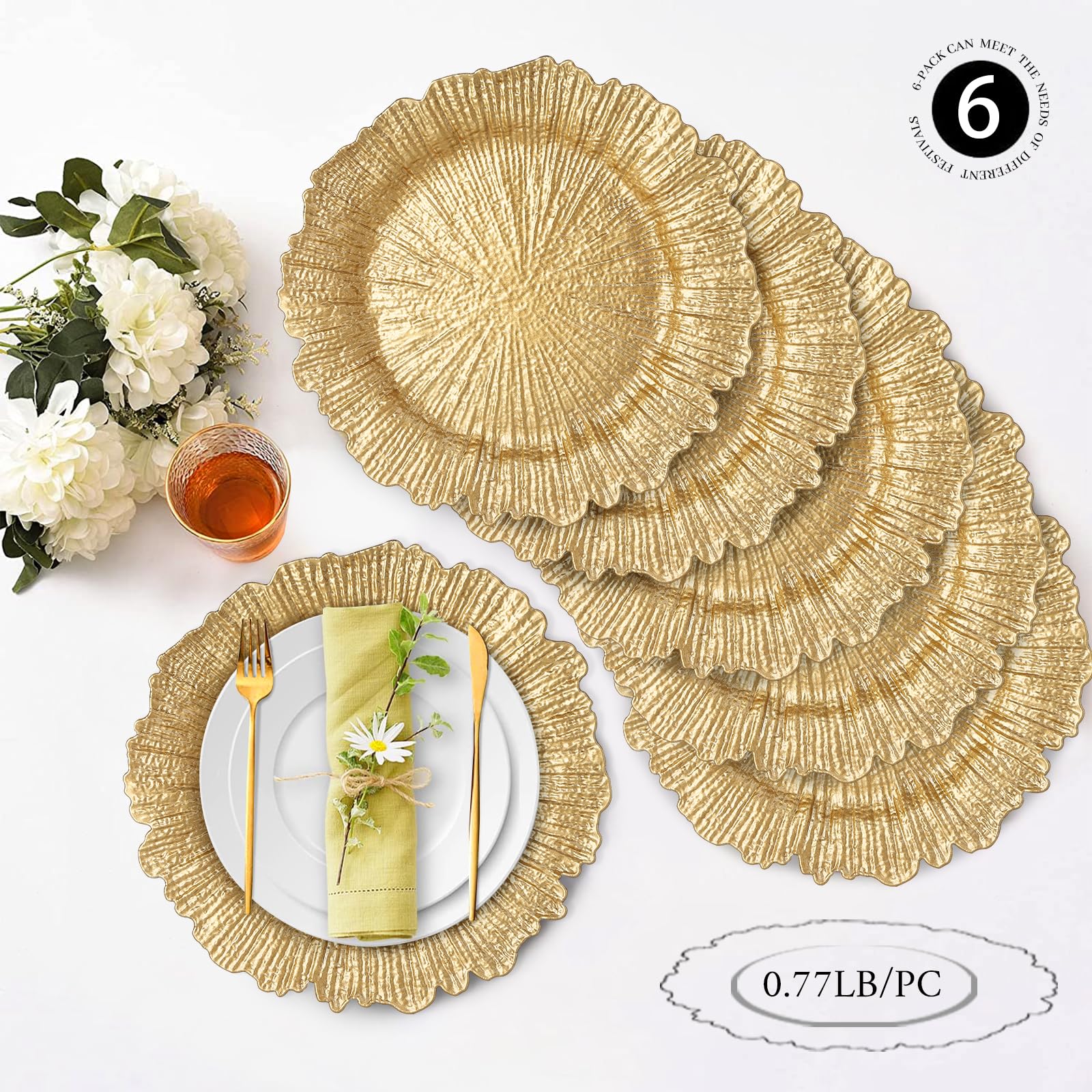 MAONAME reef-motif gold charger detail adds sophistication under dinnerware