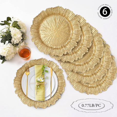MAONAME reef-motif gold charger detail adds sophistication under dinnerware