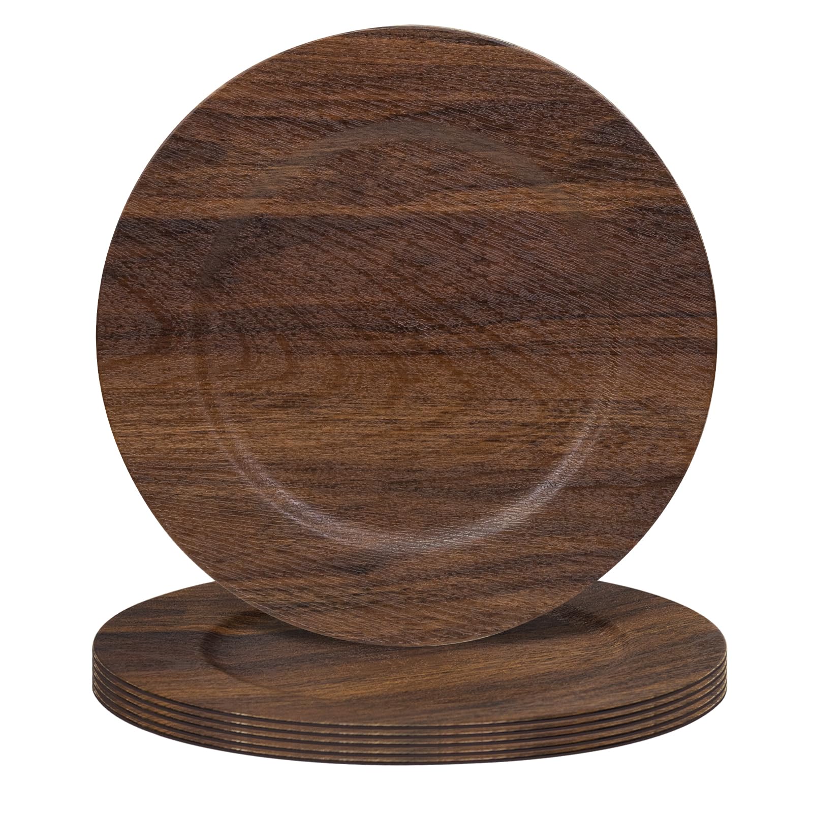 MAONAME round charger plates in brown faux wood texture protect tables during gatherings.