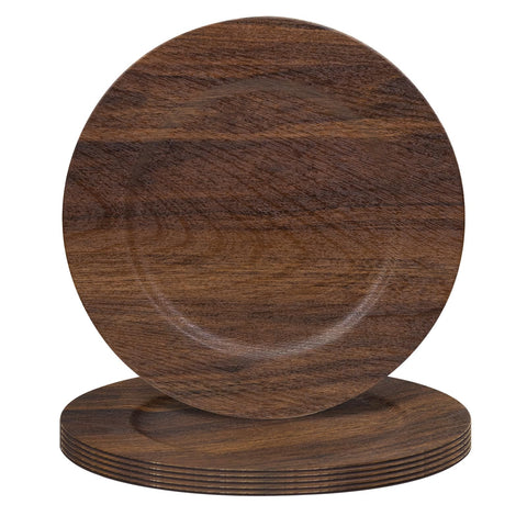 MAONAME round charger plates in brown faux wood texture protect tables during gatherings.