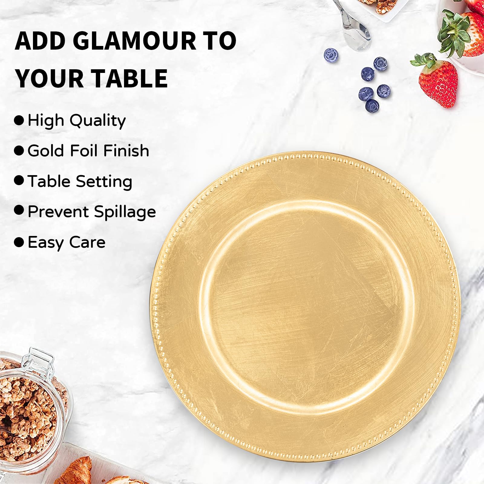 MAONAME chargers elevate table decor with gold tones and beaded detail.