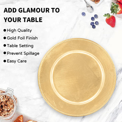 MAONAME chargers elevate table decor with gold tones and beaded detail.