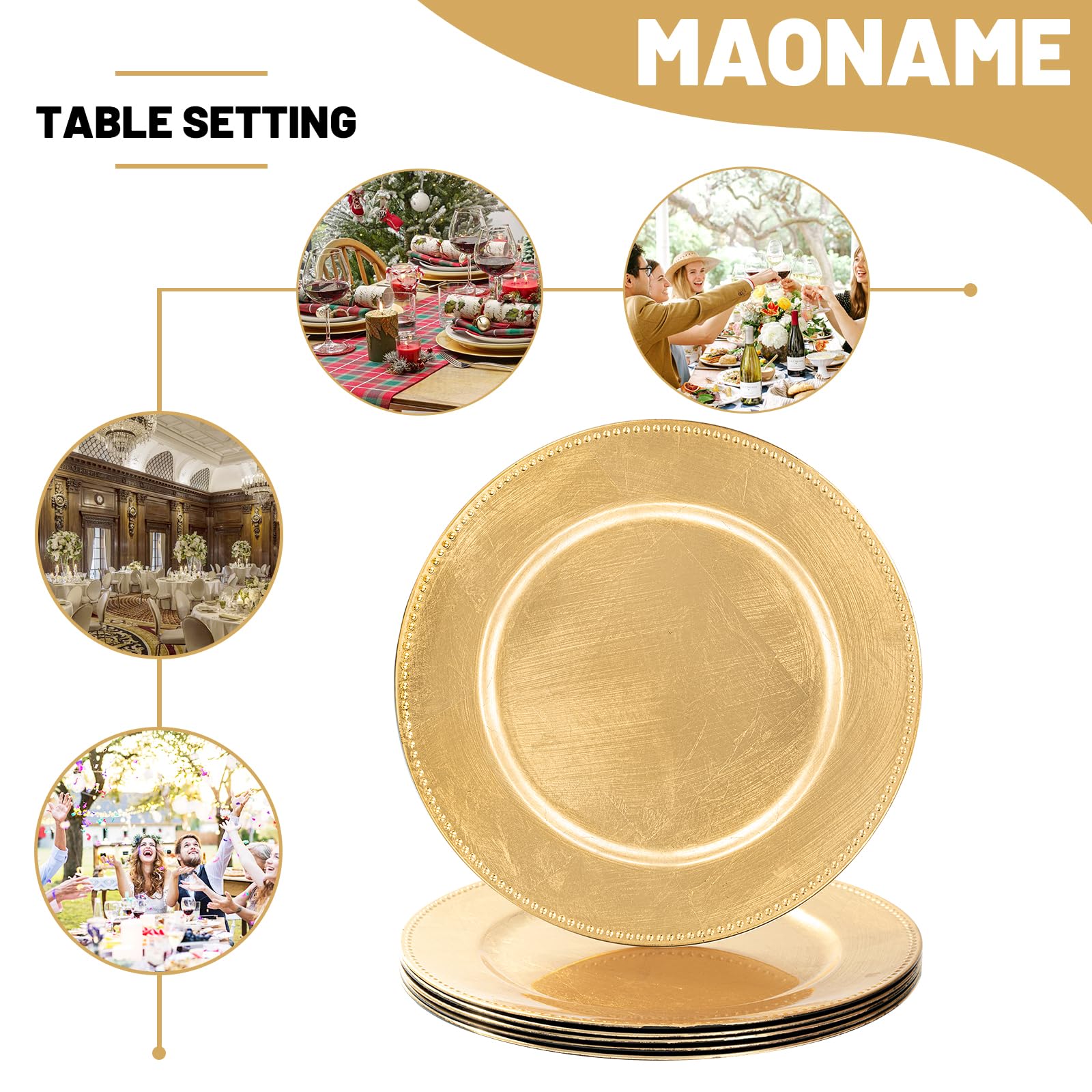 MAONAME wedding and party table decor chargers create a festive, luxurious ambiance.