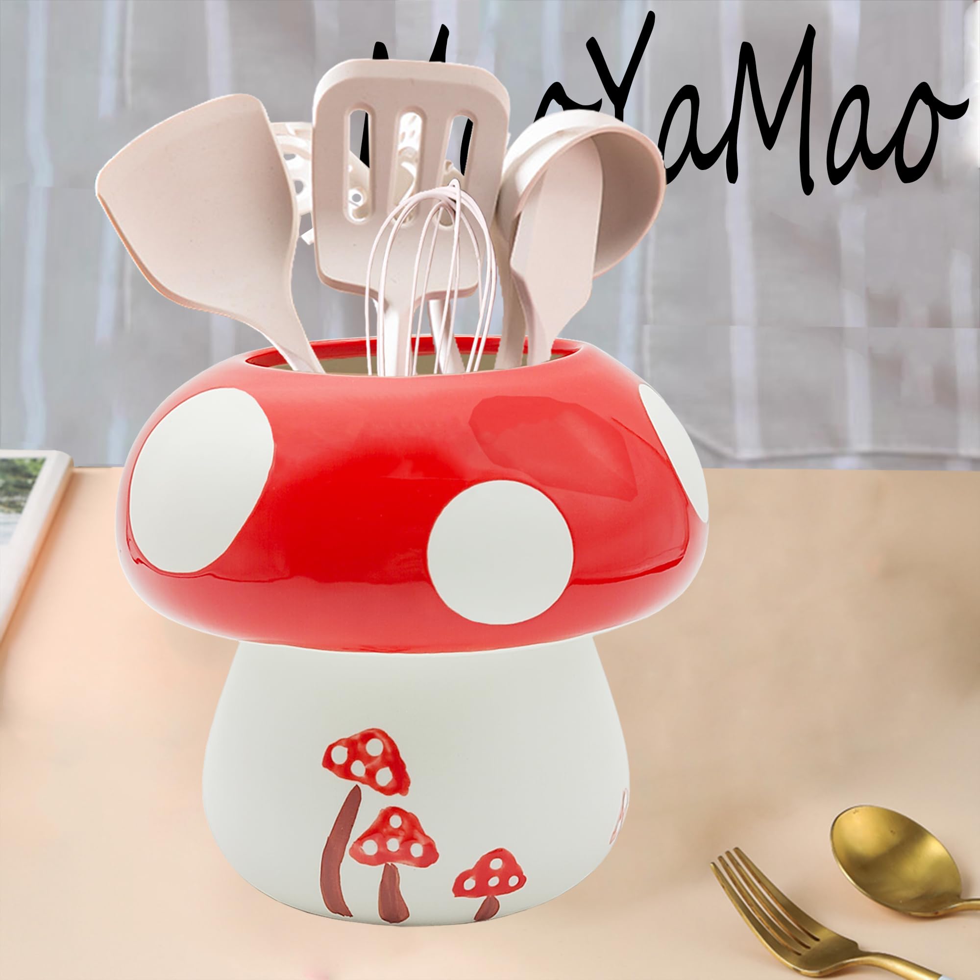 MaoYaMao mushroom kitchen decor on counter adds whimsy and organization