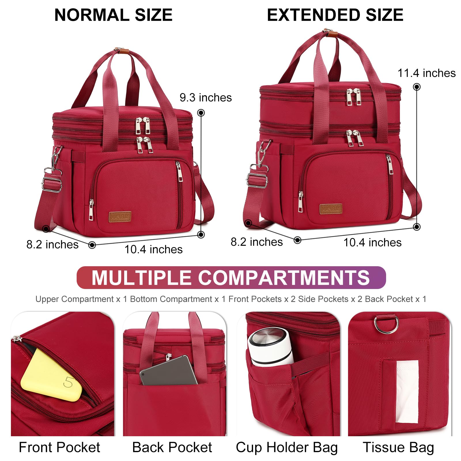 MAPLELILY lunch bag with shoulder strap offers hands-free carrying.