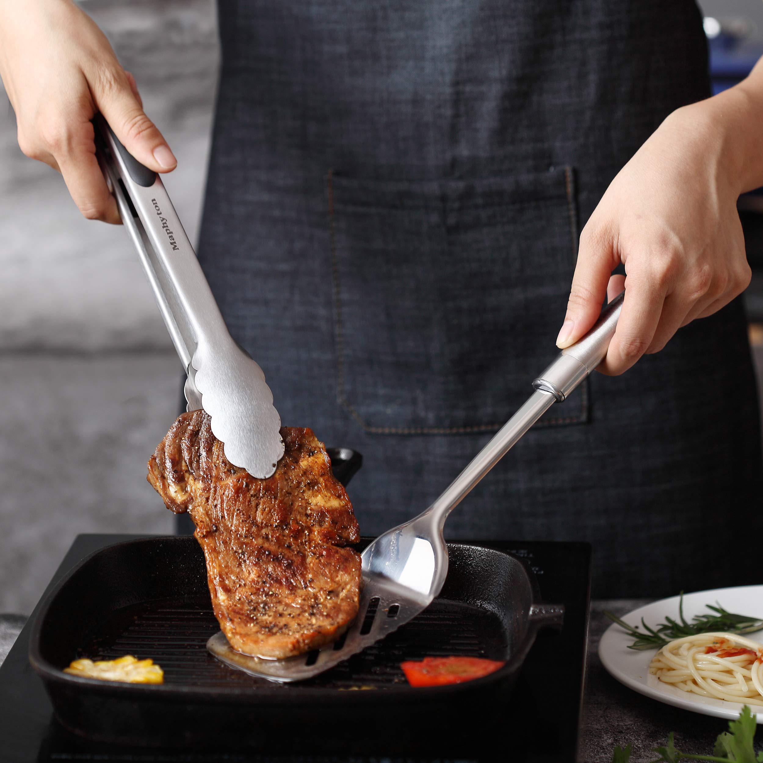 Mapphyton tongs simplify flipping and serving with smooth operation.