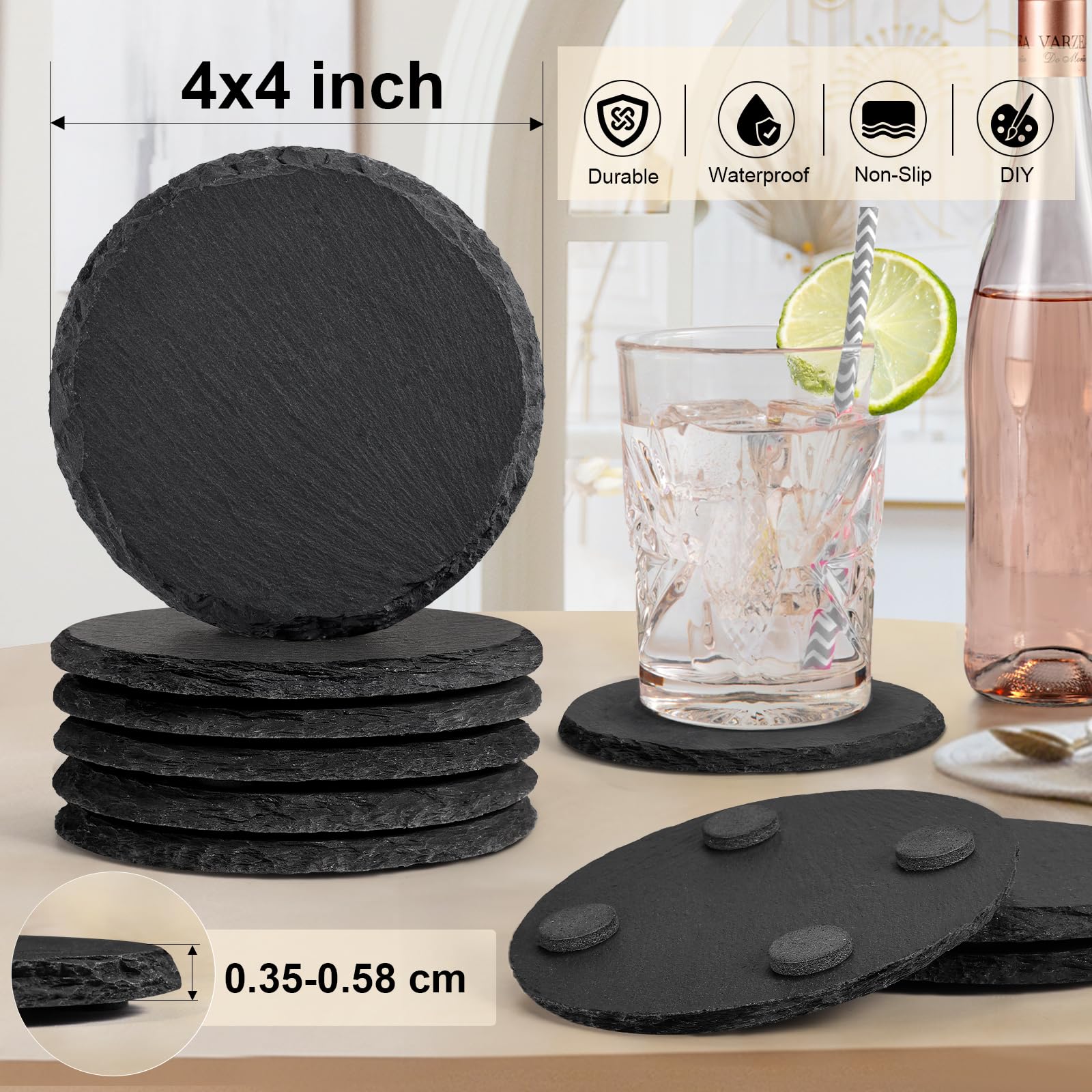 MAPRIAL slate coaster round black 4in with soft mats for stable protection