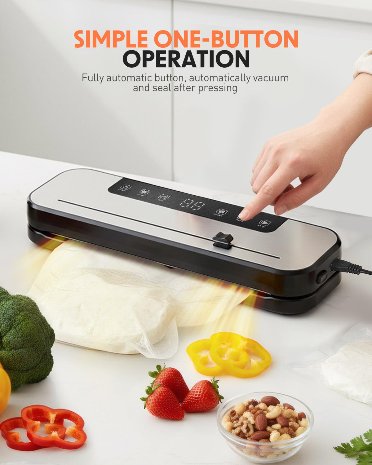 Maraiss vacuum sealer 75kPa suction seals ingredients quickly for fresher results.