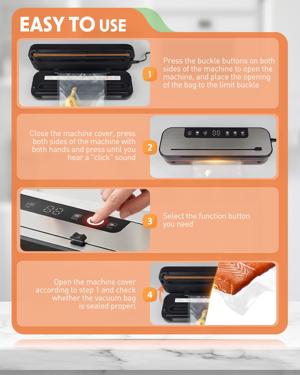 Maraiss vacuum sealer keeps kitchen storage organized and items fresh longer.