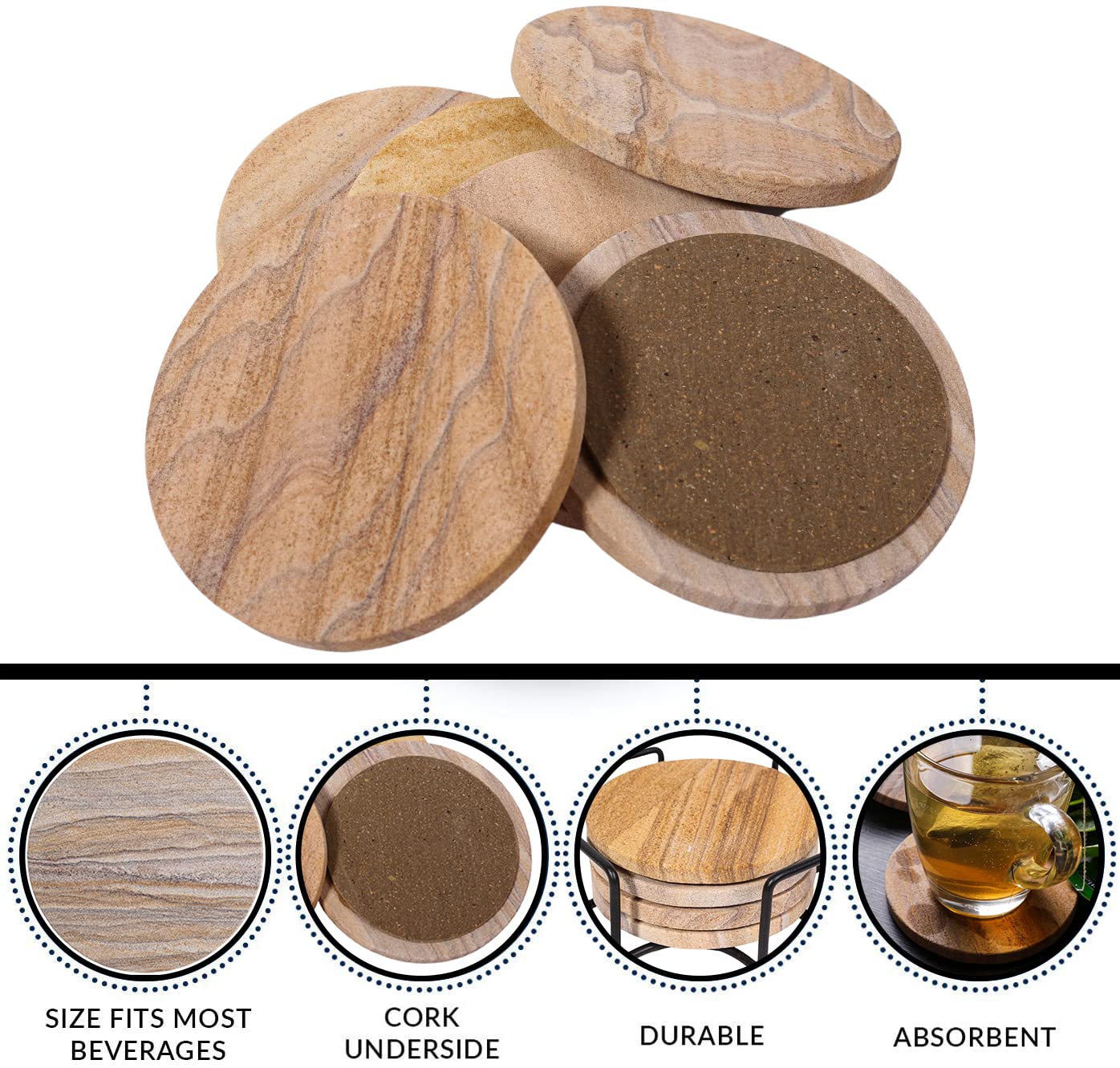 Absorbent coasters prevent rings from tea, coffee, or wine.