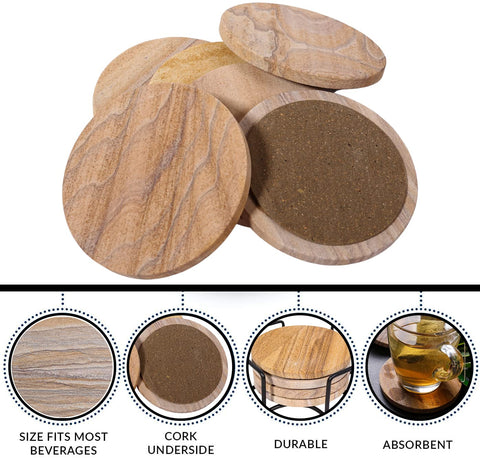 Absorbent coasters prevent rings from tea, coffee, or wine.