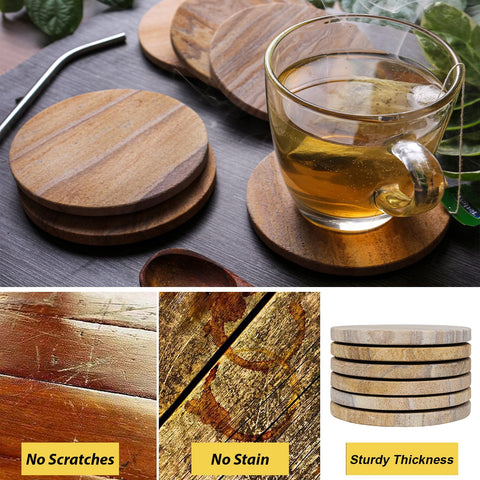 Non-slip underside keeps coasters in place on smooth surfaces.