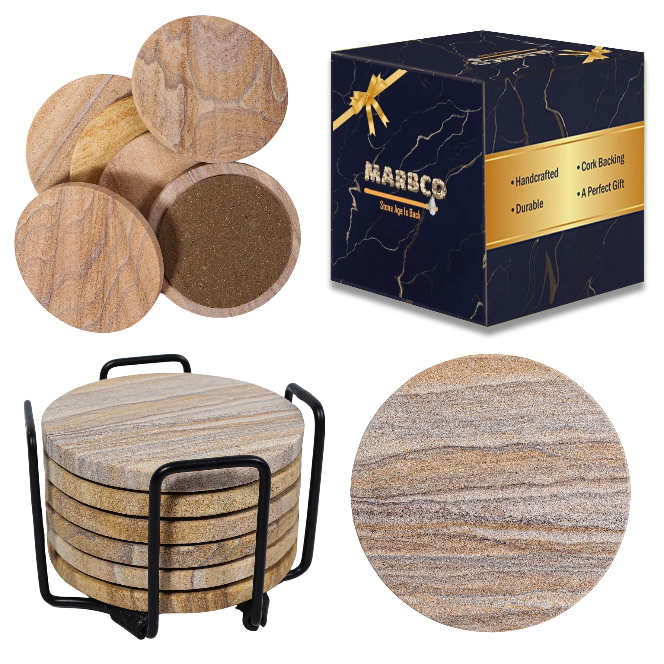Marbco rainbow sandstone round coasters absorb spills and protect surfaces.