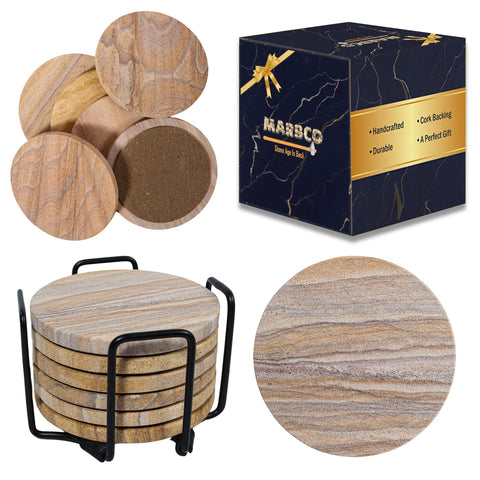 Marbco rainbow sandstone round coasters absorb spills and protect surfaces.