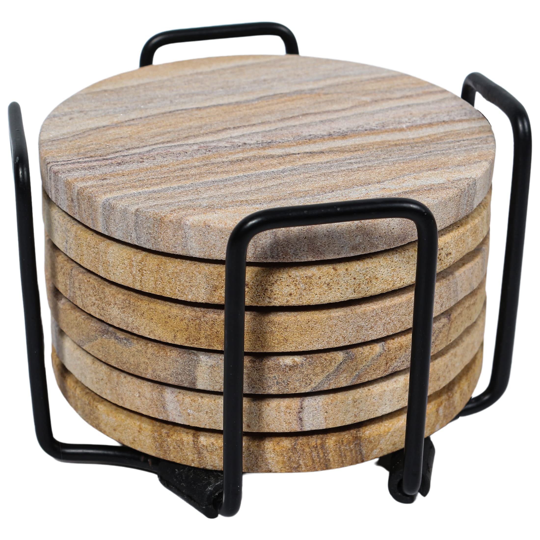 Marbco sandstone coasters with holder keep the set neatly stored.