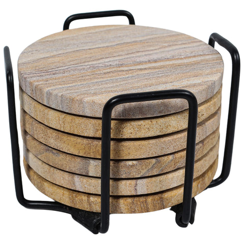 Marbco sandstone coasters with holder keep the set neatly stored.