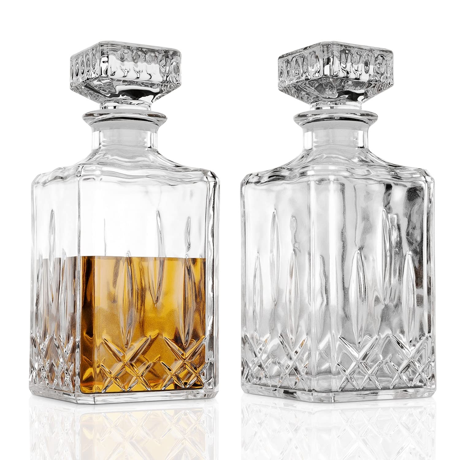 Marbelous glass whiskey decanter two-pack on bar display enhances elegance