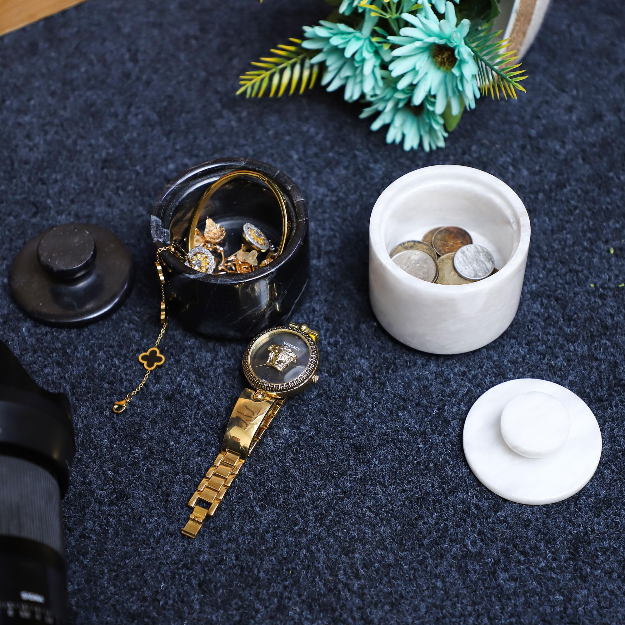 Marble Hives salt cellar with lid doubles as a small-item organizer.