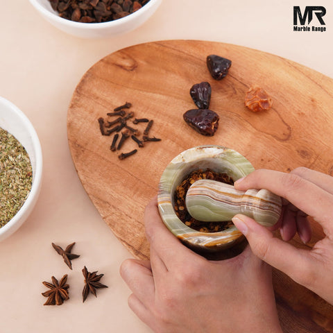 MARBLE RANGE green onyx mortar and pestle garlic-press use for fresh flavor