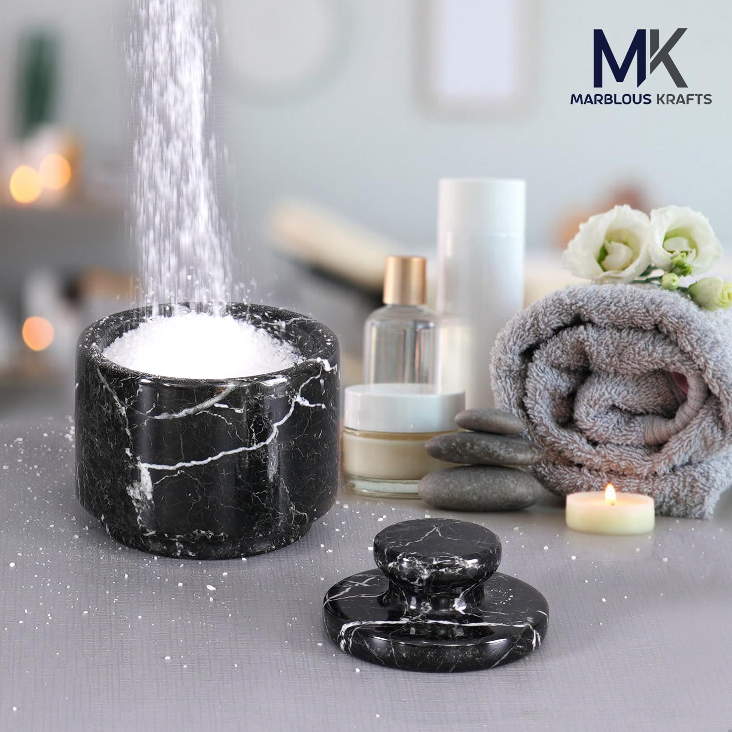 Compact kitchen salt pot by MARBLOUS KRAFTS fits neatly on small counters.