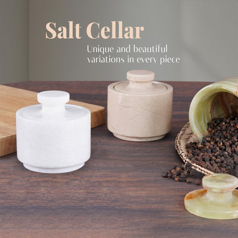 MARBLOUS KRAFTS marble salt cellar close-up shows smooth polished surface.