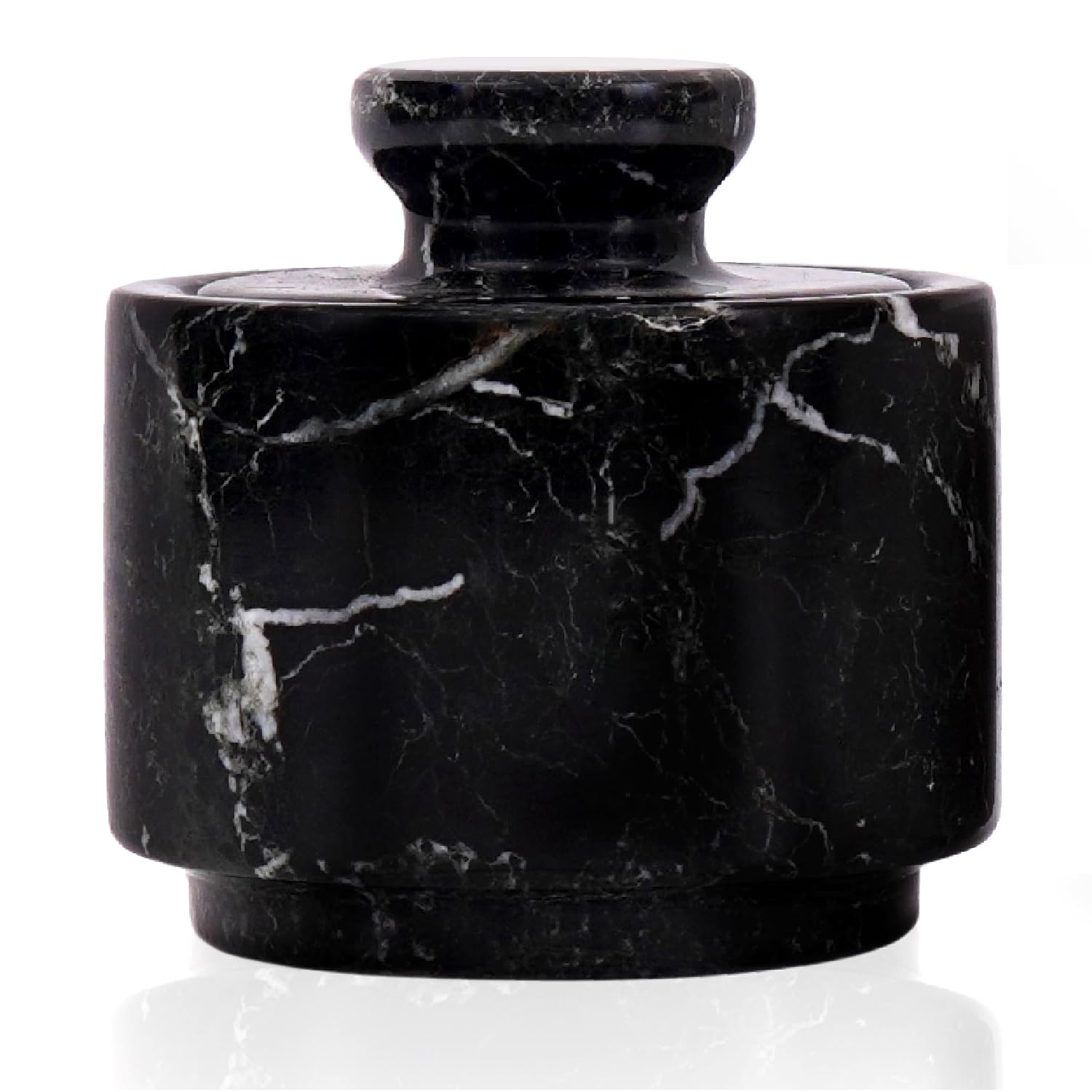 MARBLOUS KRAFTS marble salt cellar with lid on clean counter for easy seasoning.
