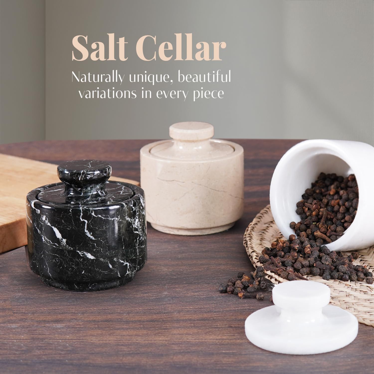 3.5oz MARBLOUS KRAFTS marble container keeps salt fresh and accessible.