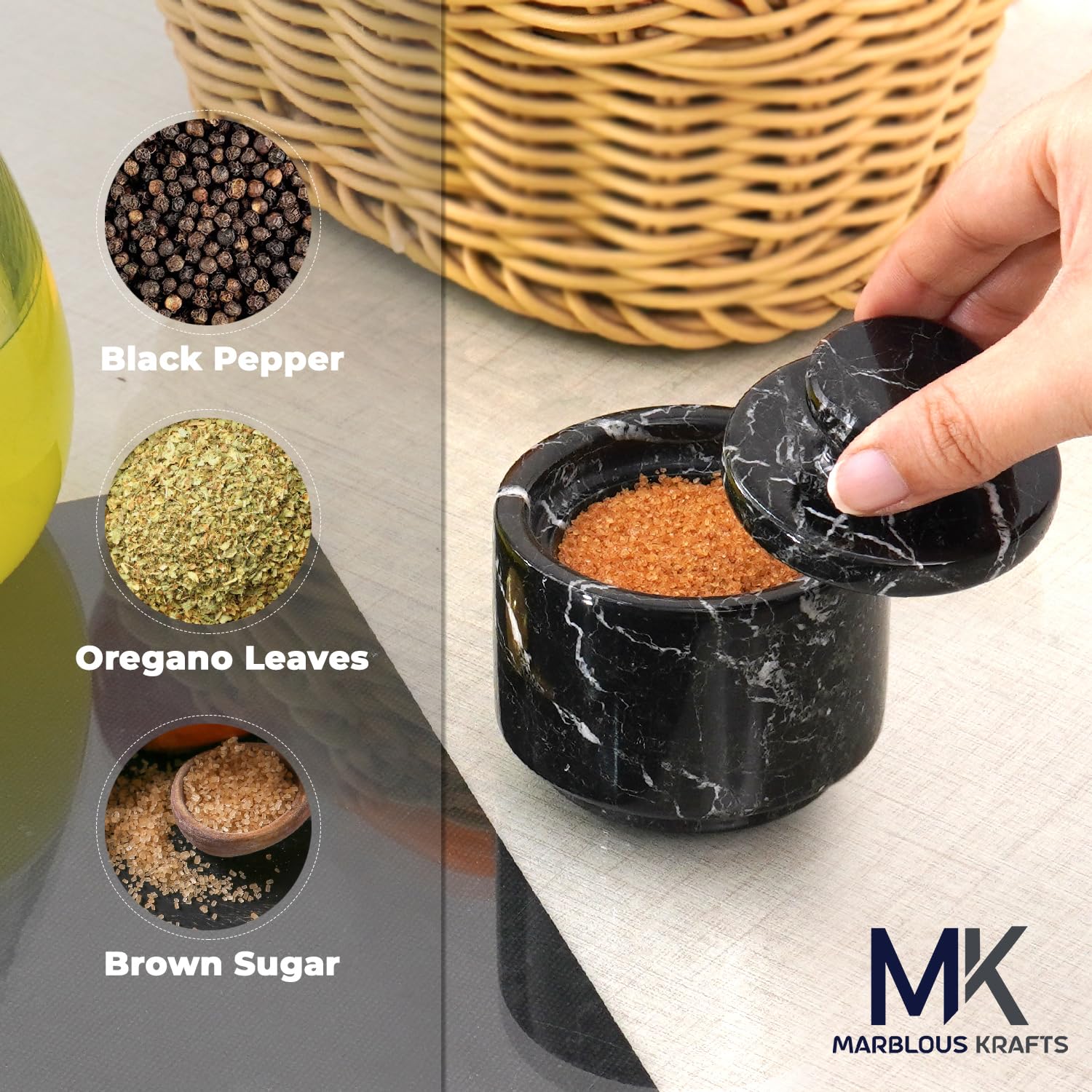 Compact marble dish doubles as storage for small items when not used for seasoning.