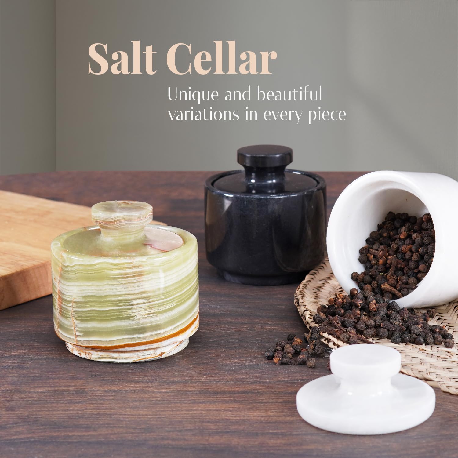 MARBLOUS KRAFTS salt dish on counter demonstrates compact 3-inch design