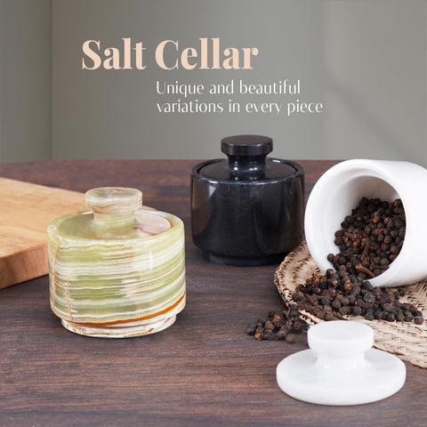 MARBLOUS KRAFTS salt dish on counter demonstrates compact 3-inch design
