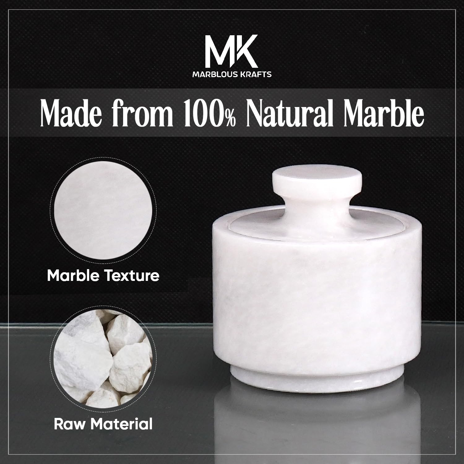 MARBLOUS KRAFTS stone salt holder on counter helps organize small items.