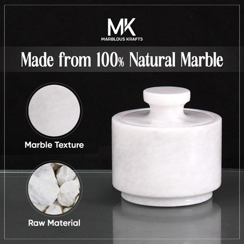 MARBLOUS KRAFTS stone salt holder on counter helps organize small items.
