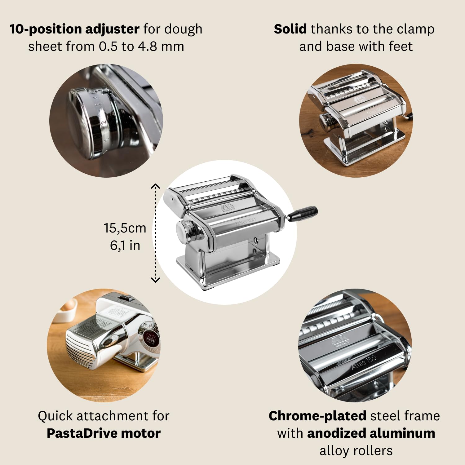 Manual crank on MARCATO Atlas 150 enables controlled pasta prep