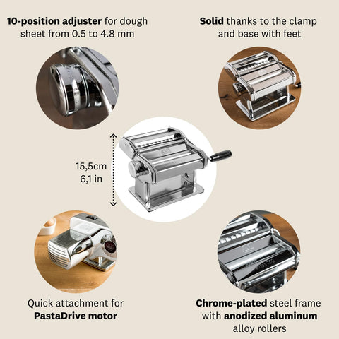Manual crank on MARCATO Atlas 150 enables controlled pasta prep