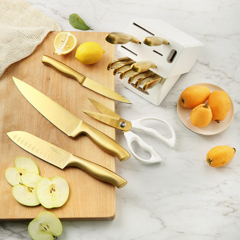 Marco Almond 8-inch chef knife with gold finish ready for precise prep.