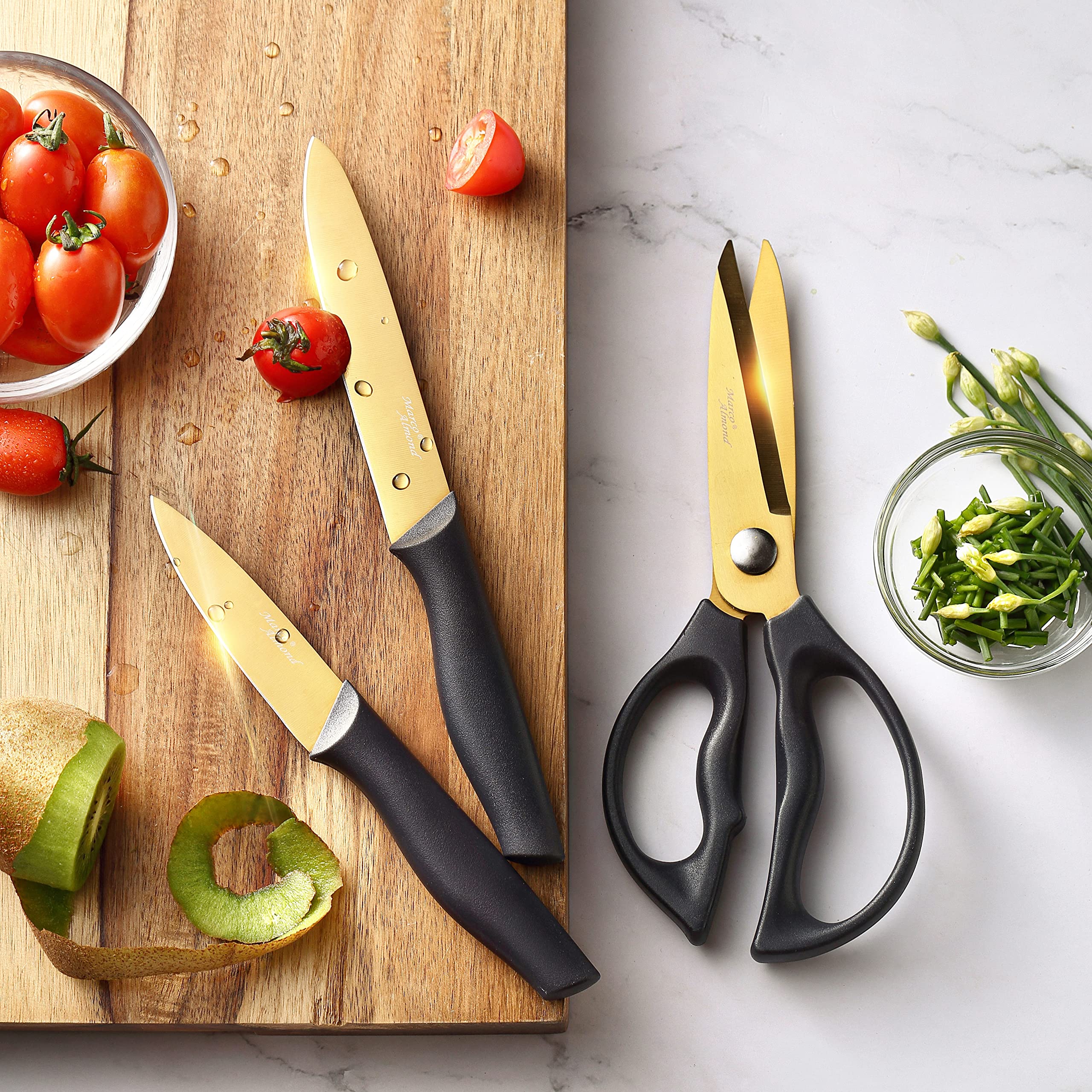 Marco Almond 8-inch chef knife included for versatile chopping and slicing tasks.
