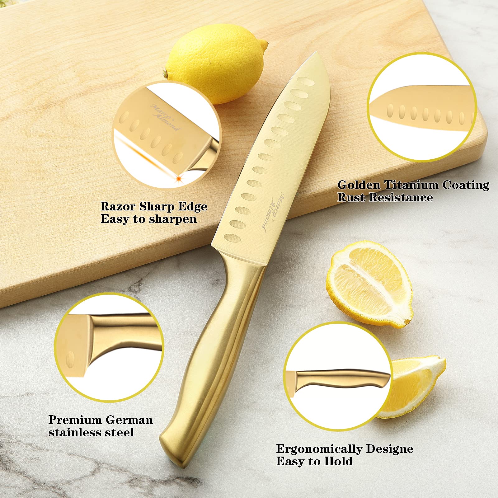 Marco Almond Gold Titanium-coated blades close-up highlight precision cutting and edge quality.