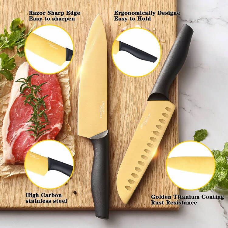 Marco Almond gold-coated blades provide a striking, durable edge for daily slicing.