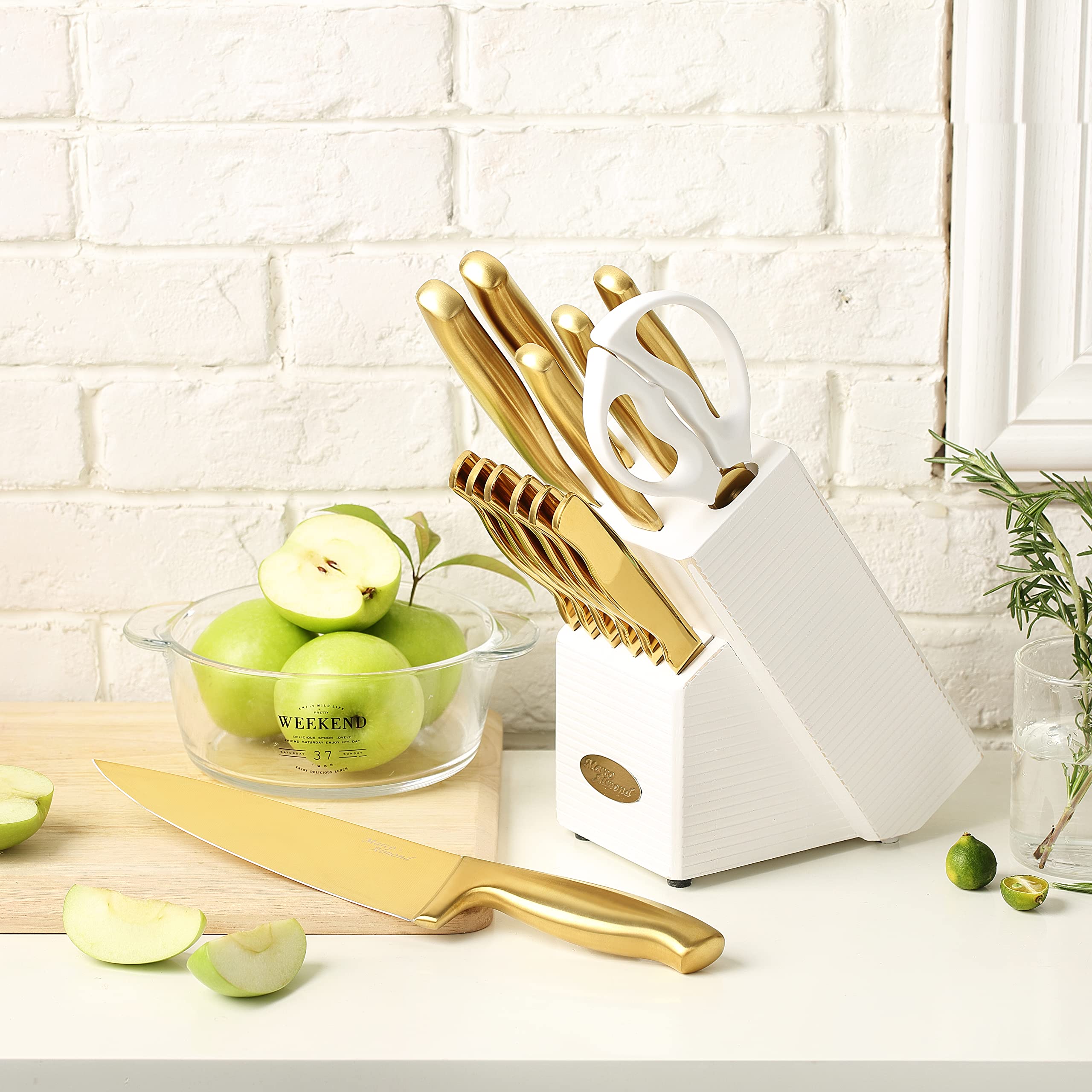 Marco Almond kitchen shears shown beside knives for multi-use prep.